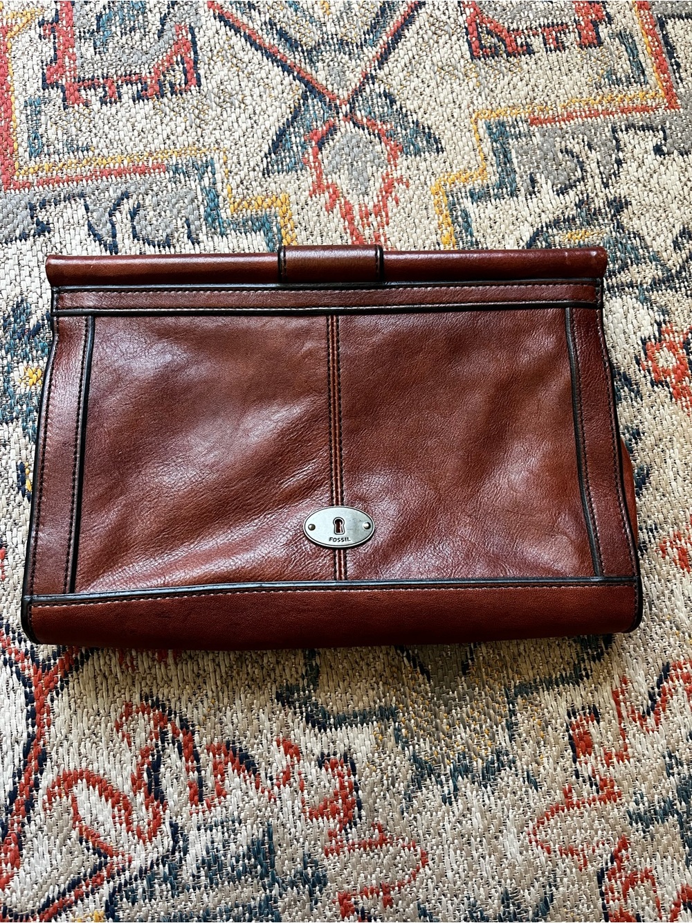Fossil Brown Leather Fold-Top Men's Clutch with Gold Turn Lock Vintage